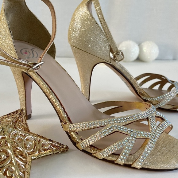 NEW Gold Sparkle Ankle Strap Heels w Rhinestones Open Toe Party Shoes Size 6.5 - Picture 7 of 7